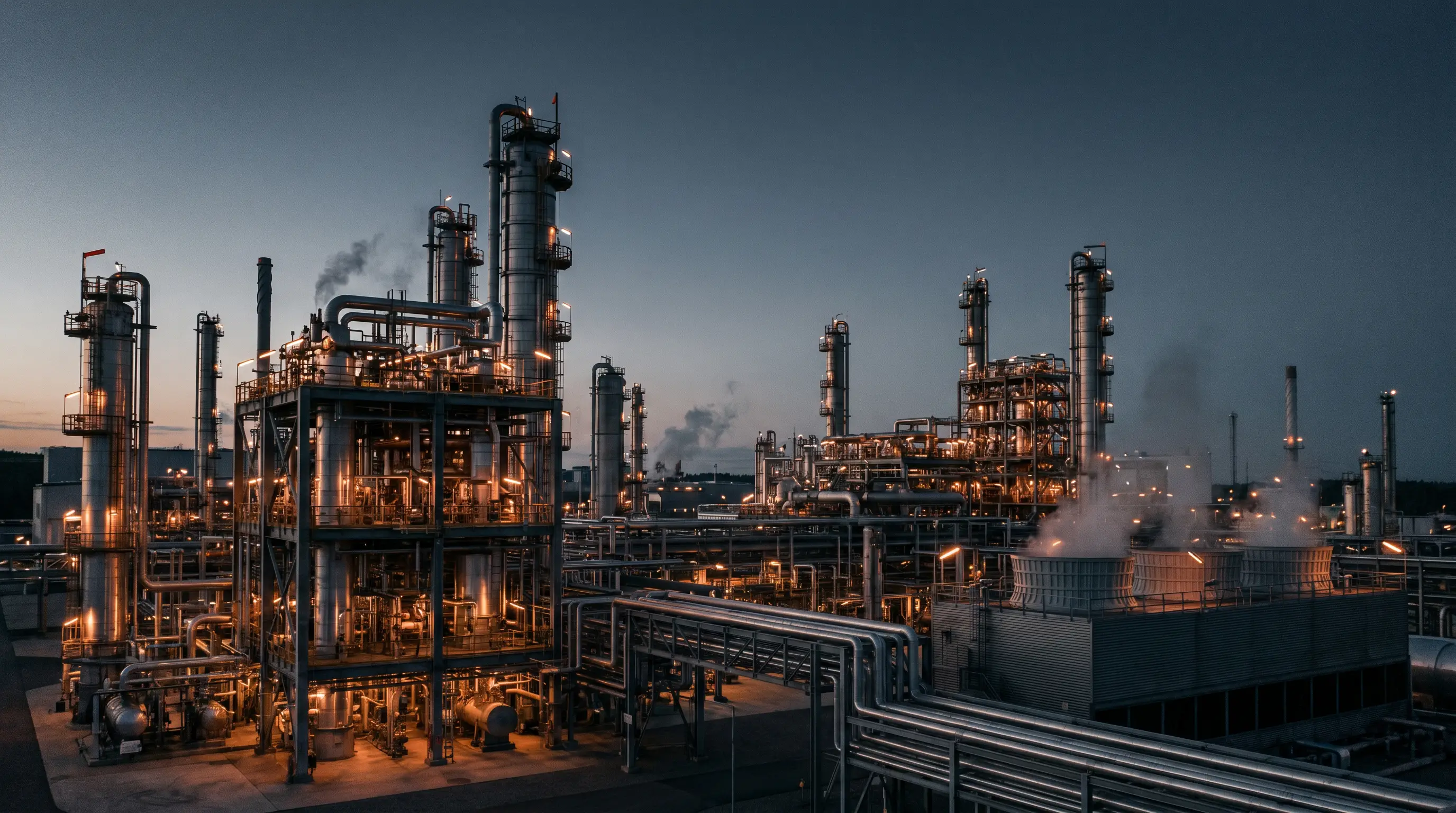 Gas processing plant with steel piping and process columns at dusk