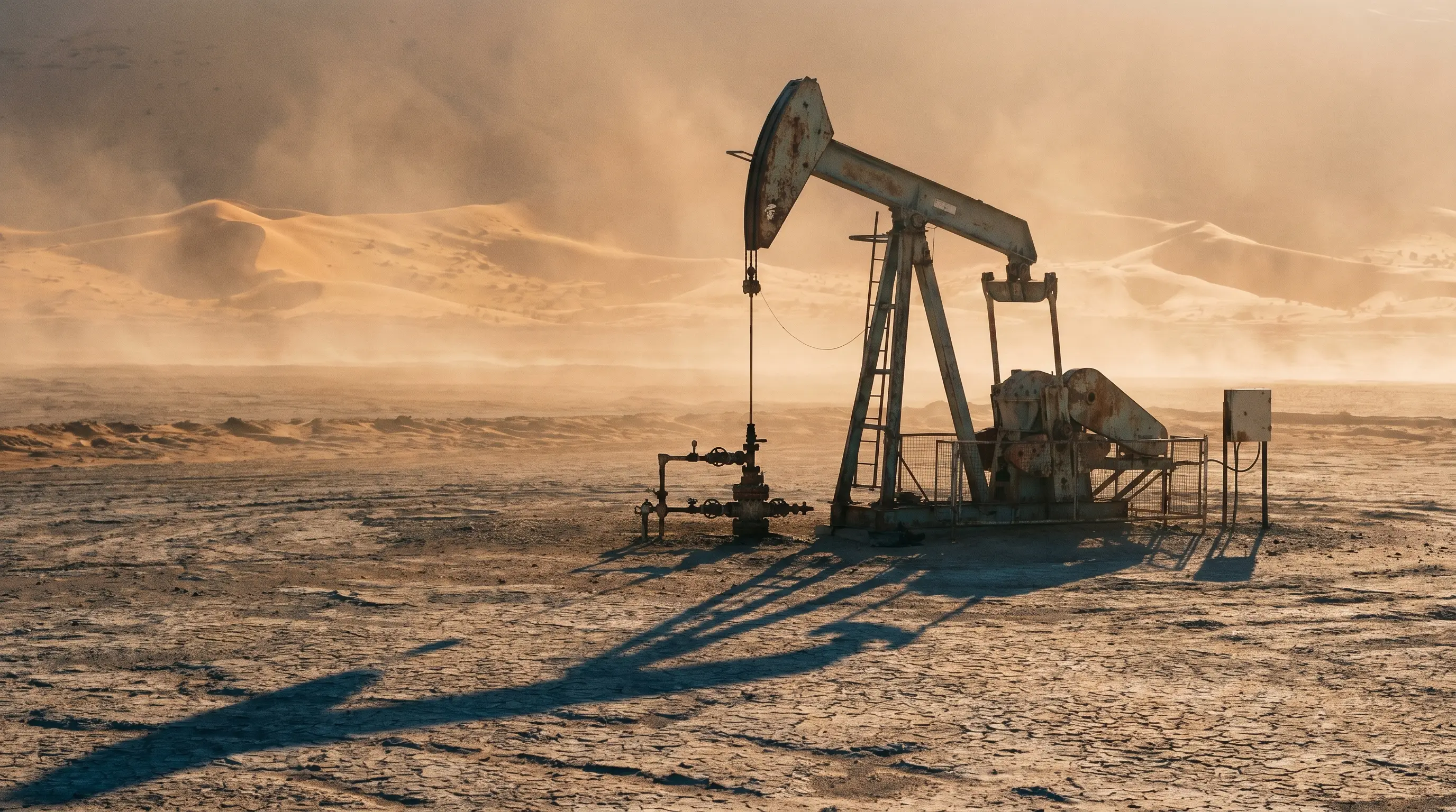 3D render of an oilfield pump jack and drilling derrick at blue hour