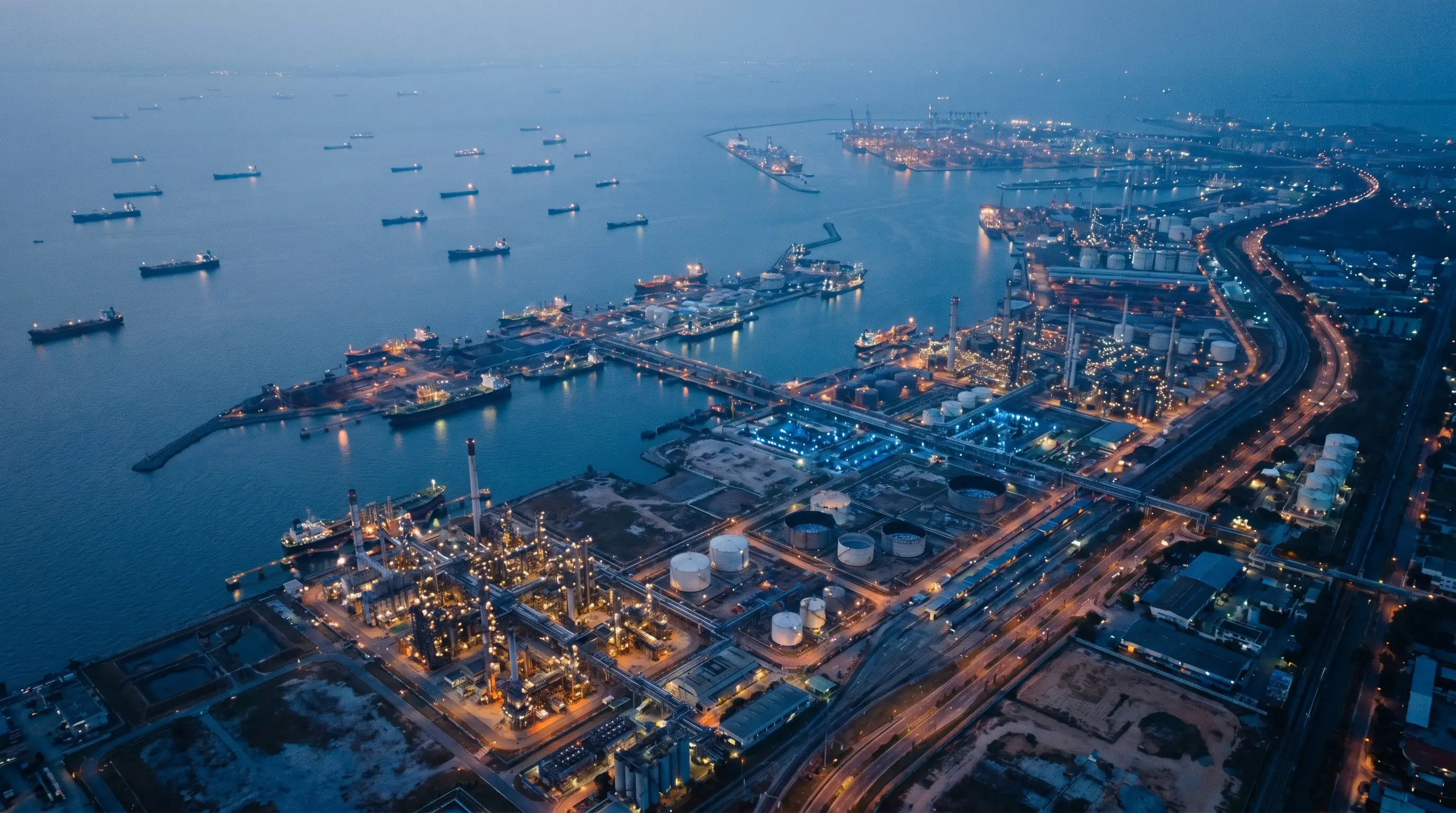 Aerial view of an illuminated industrial port and logistics hub at dusk