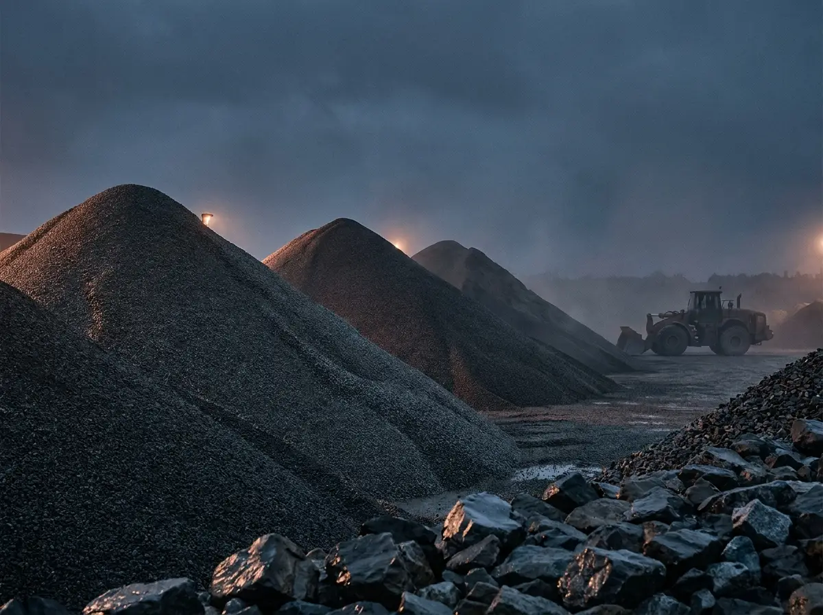 Graded construction aggregate stockpiles at a quarry terminal