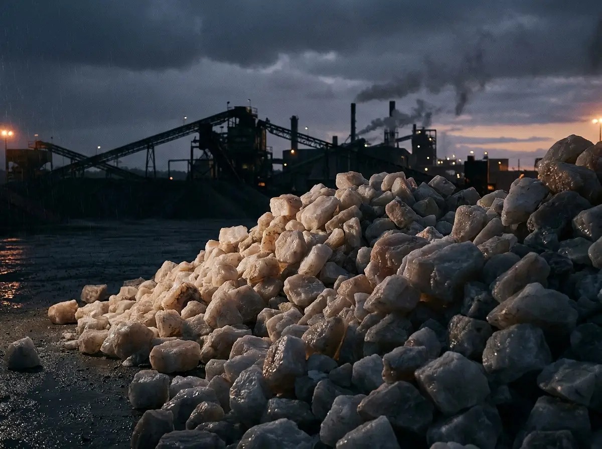 Raw natural gypsum rock on a bulk stockpile