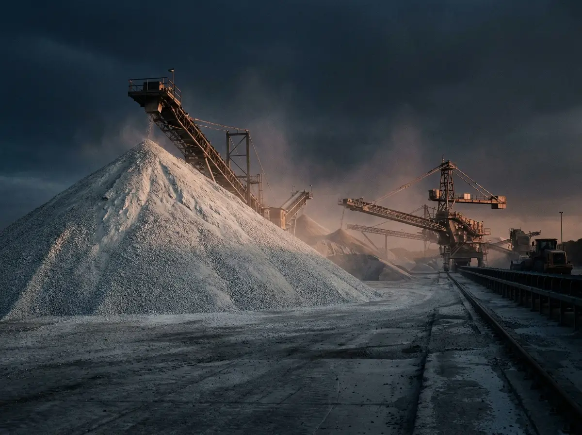 Crushed limestone stockpile at a mineral processing terminal